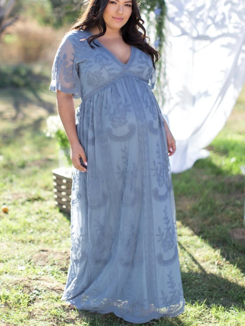 PinkBlush Blue Lace Mesh Overlay Plus Maternity Maxi Dress